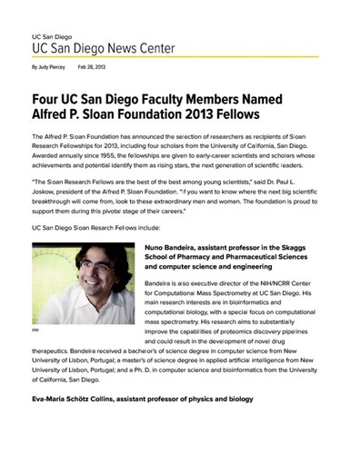 Four UC San Diego Faculty Members Named Alfred P. Sloan Foundation 2013 Fellows