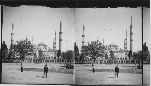 St. Sophia’s Square, Stamboul, Constantinople, Turkey. Mosque of Ahmed in Background