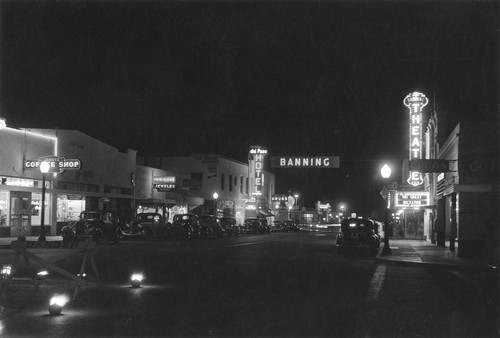 Downtown Banning, California at night looking east on Ramsey Street