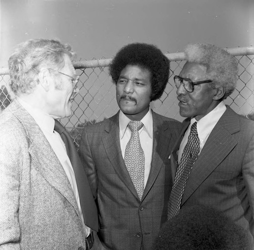 Bayard Rustin talking with Sigmund Arywitz and Ken Orduna, Los Angeles, 1973