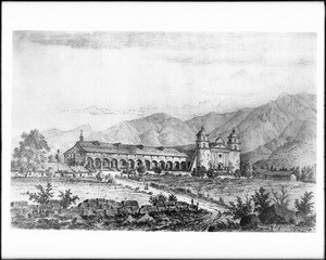 Drawing of Mission Santa Barbara by Henry Chapman Ford, ca.1883