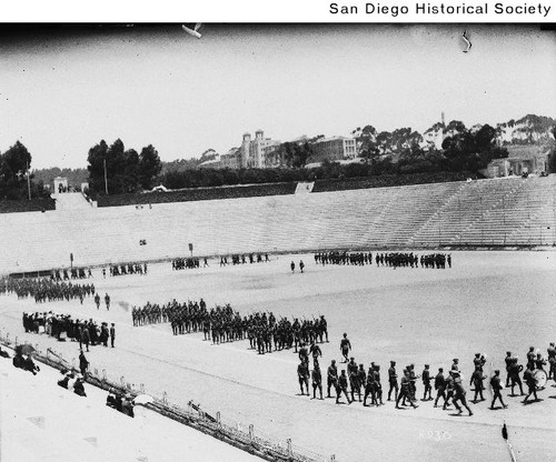 ROTC students marching in Balboa Stadium