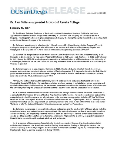 Dr. Paul Saltman appointed Provost of Revelle College