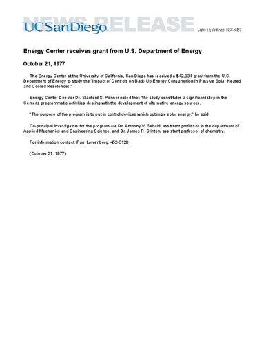 Energy Center receives grant from U.S. Department of Energy