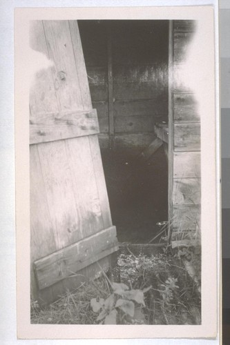 July, 1936, Kern County, Kern Lake District.[Broken door of small shack privy?]