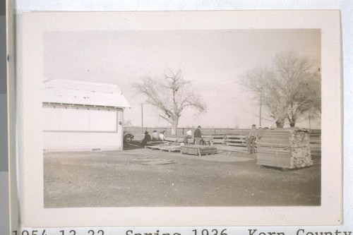 Spring, 1936, Kern County. Arvin Migratory Labor Camp - Volunteer laborer campers constructing tent platform