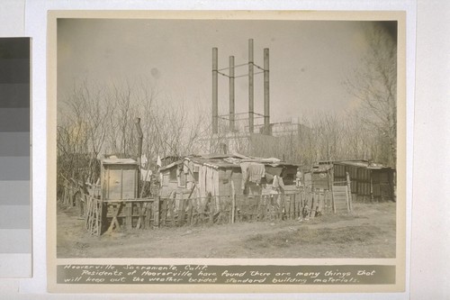 Hooverville, Sacramento, California. Residents of Hooverville have found there are many things that will keep out the weather besides standard building materials