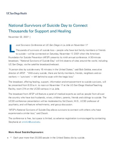 National Survivors of Suicide Day to Connect Thousands for Support and Healing