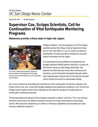 Supervisor Cox, Scripps Scientists, Call for Continuation of Vital Earthquake Monitoring Programs