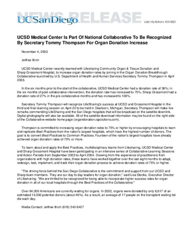 UCSD Medical Center Is Part Of National Collaborative To Be Recognized By Secretary Tommy Thompson For Organ Donation Increase