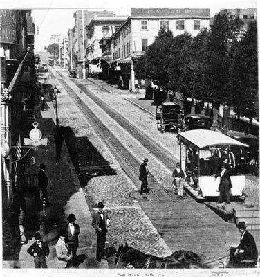 Kearny Street. Terminus of Clay Street Hill Railroad Company Cable Car Route-first in U.S.A. August 2, 1873