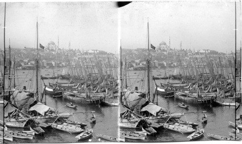 Domes and Minarets of Stamboul from riggin of ship at anchor. Constantinople Tour. Turkey