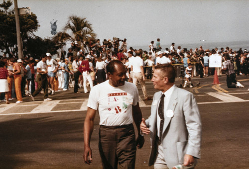 Los Angeles Mayor Tom Bradley at Olympic torch relay on July 21, 1984, Santa Monica, Calif