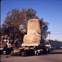 Old Sacramento. View of the Theodor Judah Statue on a plaza at 2nd and L Streets. This view shows the installation of the statue