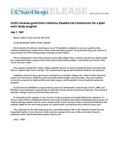 UCSD receives grant from California Student Aid Commission for a pilot work study program