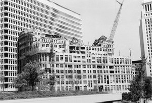 Exterior view of the demolition of the County Hall of Records, April 1973