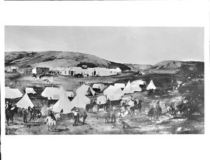 Painting depicting early morning activities on a large ranch in Montana, ca.1880