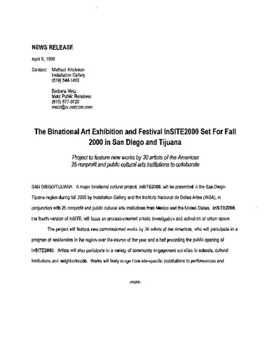 News Release: The Binational Art Exhibition and Festival InSITE2000 Set for Fall 2000 in San Diego and Tijuana