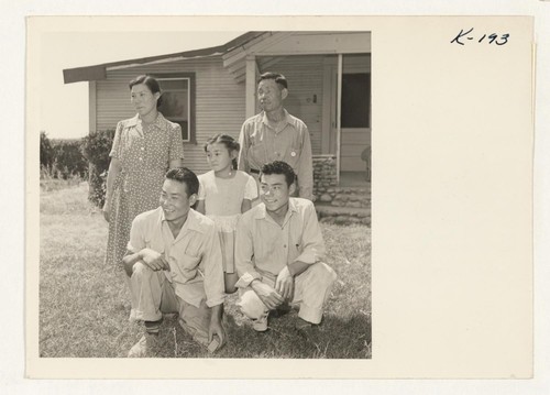 The Schaeffer Ranch, District No. 10, Marysville, California. Back row (right to left), Y. Kasiwaga, Natsuko Kasiwaga, M. Kasiwaga. Front