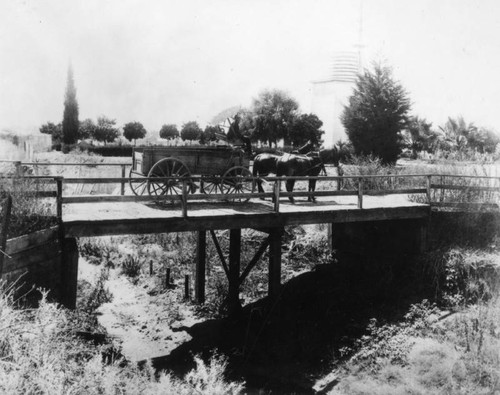 Horse drawn carriage crossing a bridge