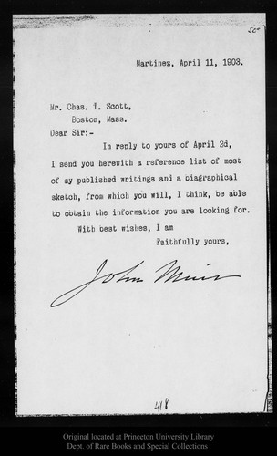 Letter from John Muir to Cha[rle]s T. Scott, 1903 Apr 11