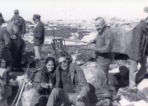 Patricia Whiting and an Oregon National Guard taking a break in Alaska