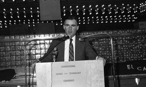 Governor Jerry Brown speaking from a lectern at a conference, Los Angeles, 1982