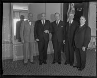 C.C.C. Tatum, Governor Frank Merriam, Charles B. Shattuck, Charles W. Brock and Mayor Frank Shaw gather for the installation of officers of the California Real Estate Association, Los Angeles, 1936