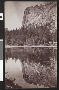 Washington Column reflected in Mirror Lake in Yosemite National Park, ca.1900-1910