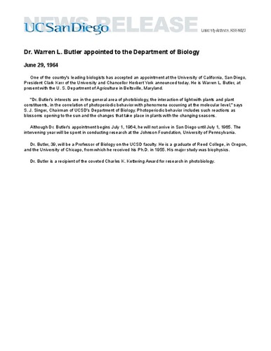 Dr. Warren L. Butler appointed to the Department of Biology