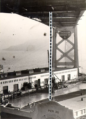 [View of the underside of the San Francisco-Oakland Bay Bridge while under construction, with a diagram showing where bridge worker Charles Bazzill fell to his death]