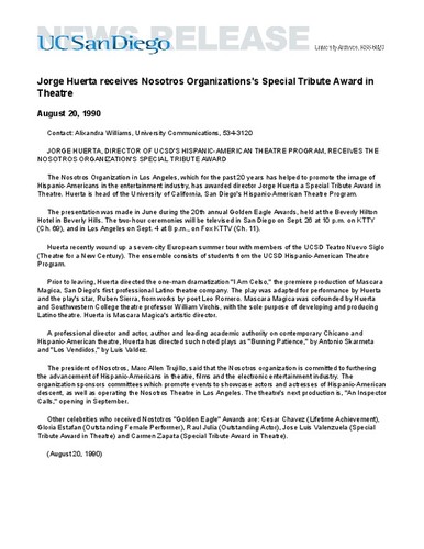 Jorge Huerta receives Nosotros Organizations's Special Tribute Award in Theatre