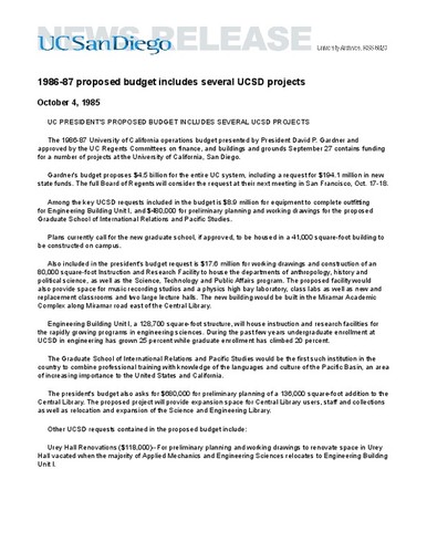 1986-87 proposed budget includes several UCSD projects