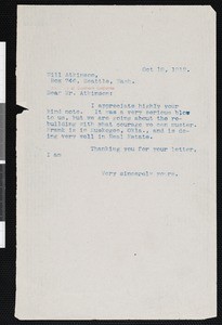 Hamlin Garland, letter, 1912-10-16, to Will Atkinson