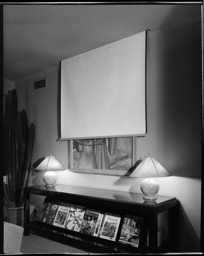 May, Cliff, residence [Cliff May #3]. Projector screen and Furniture and Interior