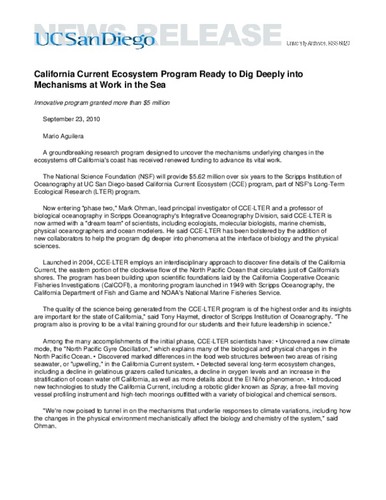 California Current Ecosystem Program Ready to Dig Deeply into Mechanisms at Work in the Sea--Innovative program granted more than $5 million