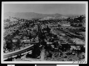 Birdseye view of buildings in foothills of Los Angeles