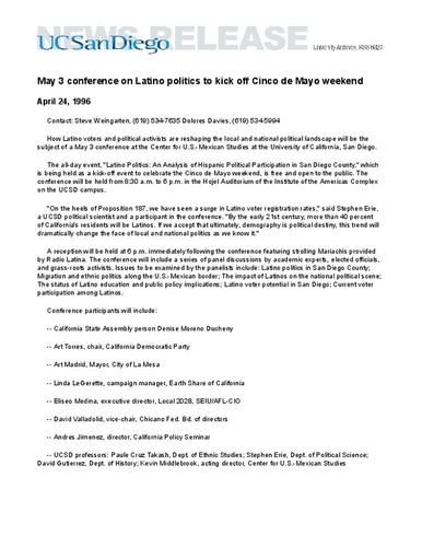 May 3 conference on Latino politics to kick off Cinco de Mayo weekend