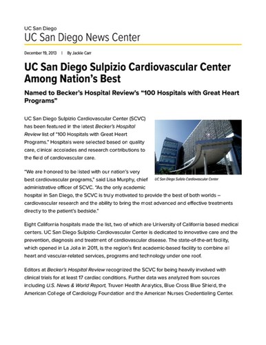 UC San Diego Sulpizio Cardiovascular Center Among Nation’s Best