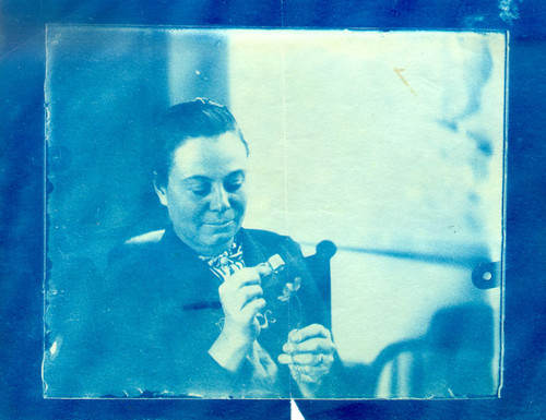 Cyanotype of Alice Eastwood in the lab