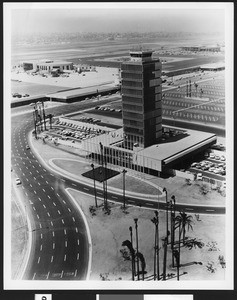 Aerial view of the control tower administration building at the new jet age terminal at Los Angeles International Airport, in September 1961