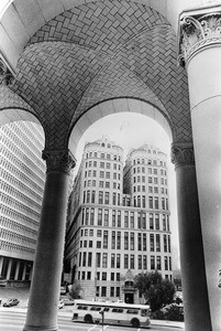 Exterior view of the old Los Angeles County Hall of Records as seen from the west portico of City Hall, October 1972
