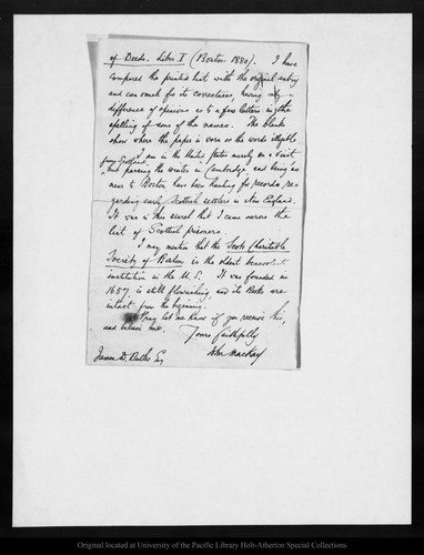 Letter from John Mackay to James D. Butler, 1888 Feb 6