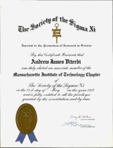Andrew James Viterbi, Certificate, The Society of the Sigma Xi, Associate Membership, May 21, 1957