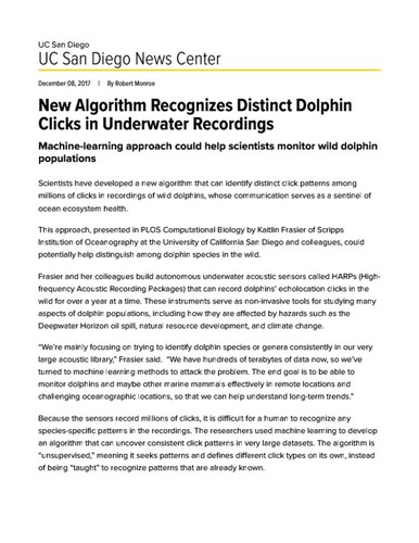 New Algorithm Recognizes Distinct Dolphin Clicks in Underwater Recordings