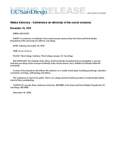 Media Advisory - Conference on ethnicity in the social sciences