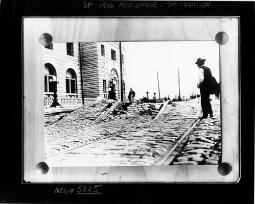 [Damage to street and cable car tracks outside the Post Office at 7th and Mission streets after the earthquake and fire of April, 1906]