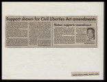 [Newspaper clipping titled:] Support shown for Civil Liberties Act amendments