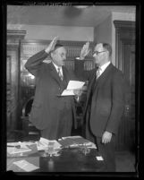 Los Angeles Judge Charles S. Burnell swearing in new judge Marshall F. McComb in 1927