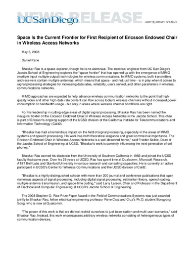 Space Is the Current Frontier for First Recipient of Ericsson Endowed Chair in Wireless Access Networks